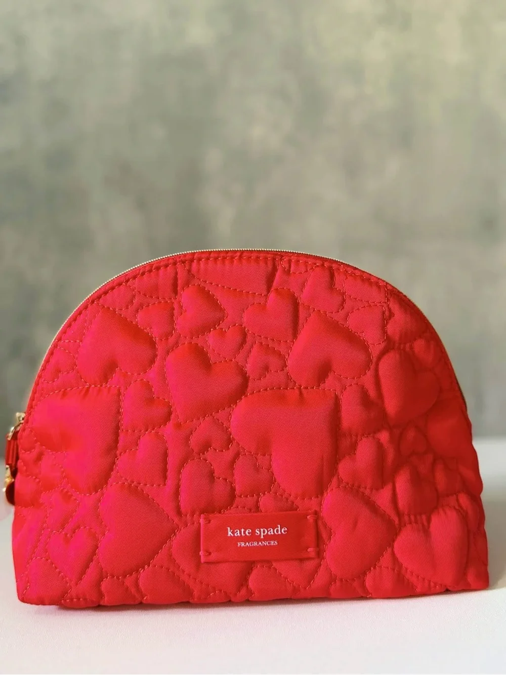 kate spade Red Quilted Heart Cosmetic Case with Gold Heart Charm